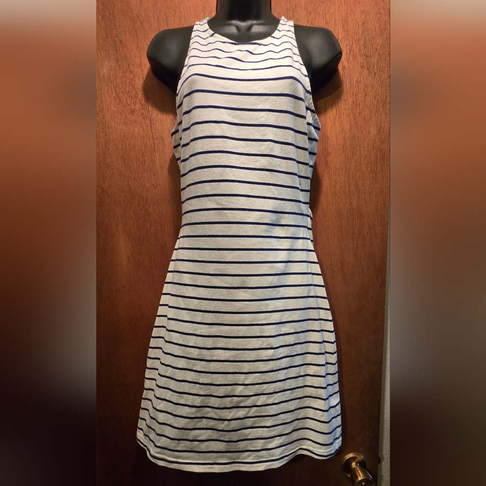 Roxy Blue & White Striped Stretchy Midi Dress SzL - Picture 2 of 8
